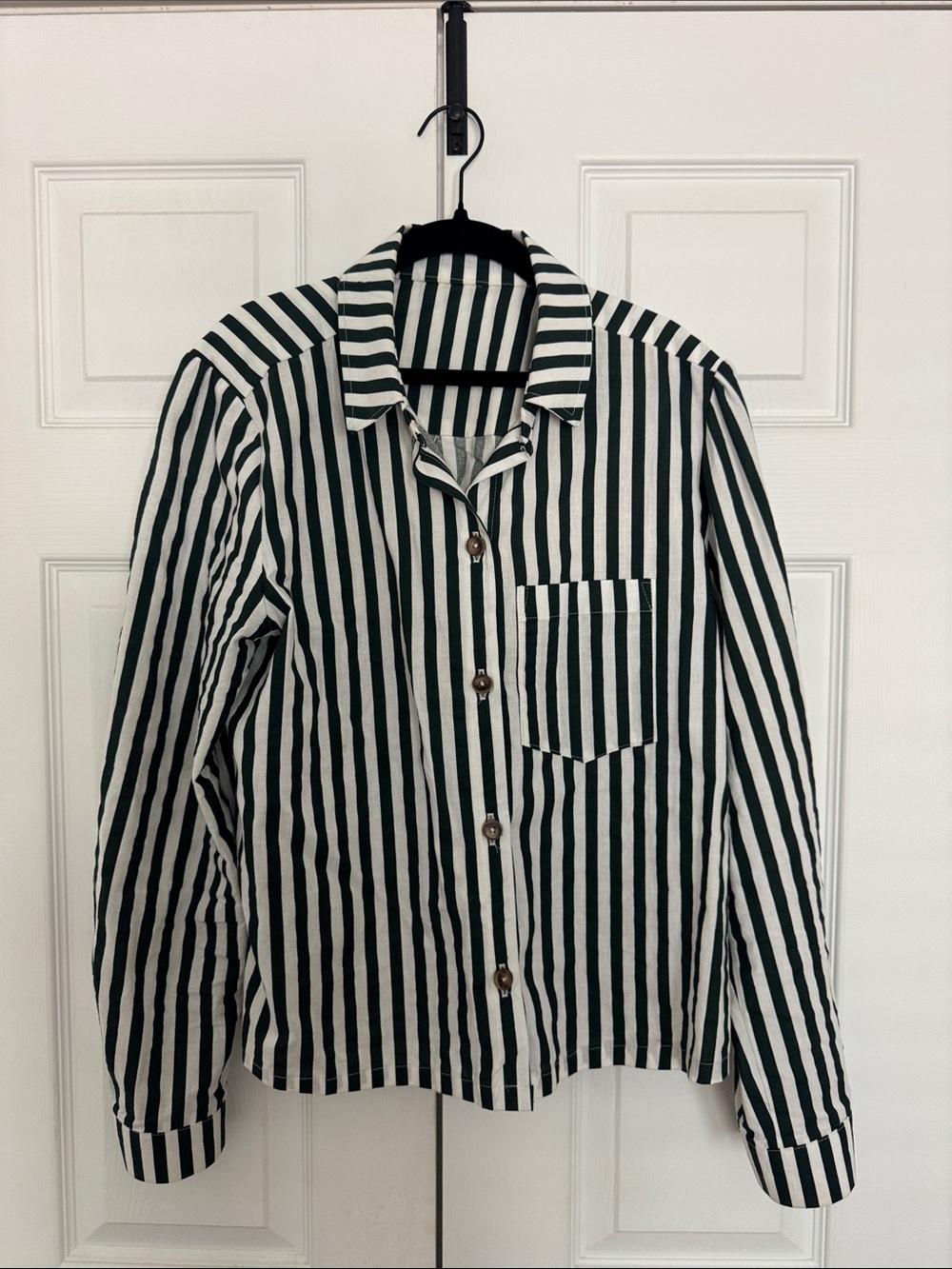 Hunter green and white striped button up blouse - one of a kind 100% cotton